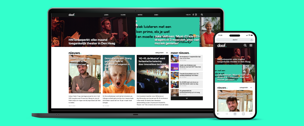 Mock-up van Doof.nl website op laptop en mobiel.